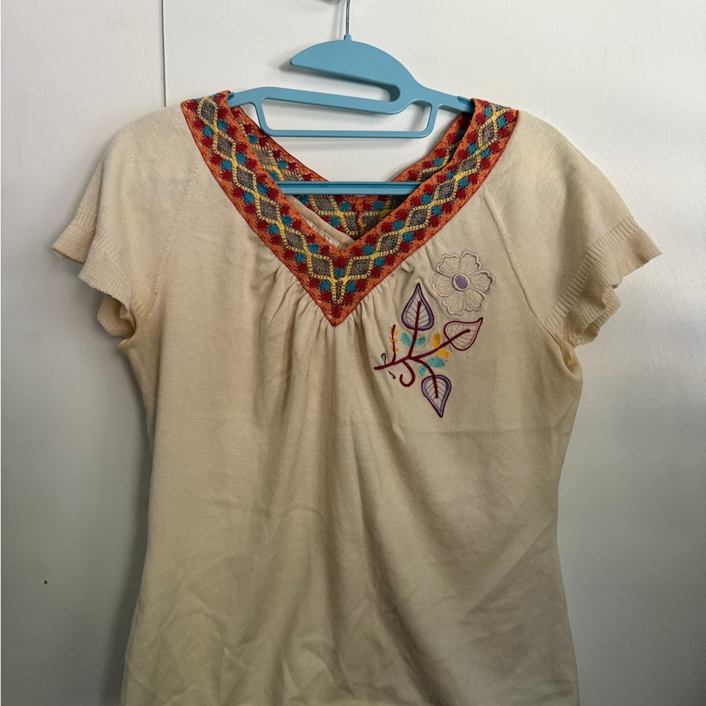 Embroidered Cream Blouse with Colorful Accents
